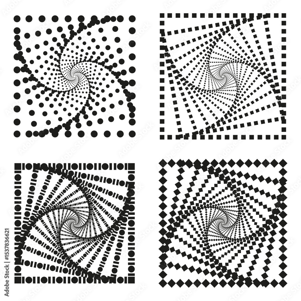 Poster dotted swirl shapes. abstract circular pattern. black spiral figure. vector decorative set.