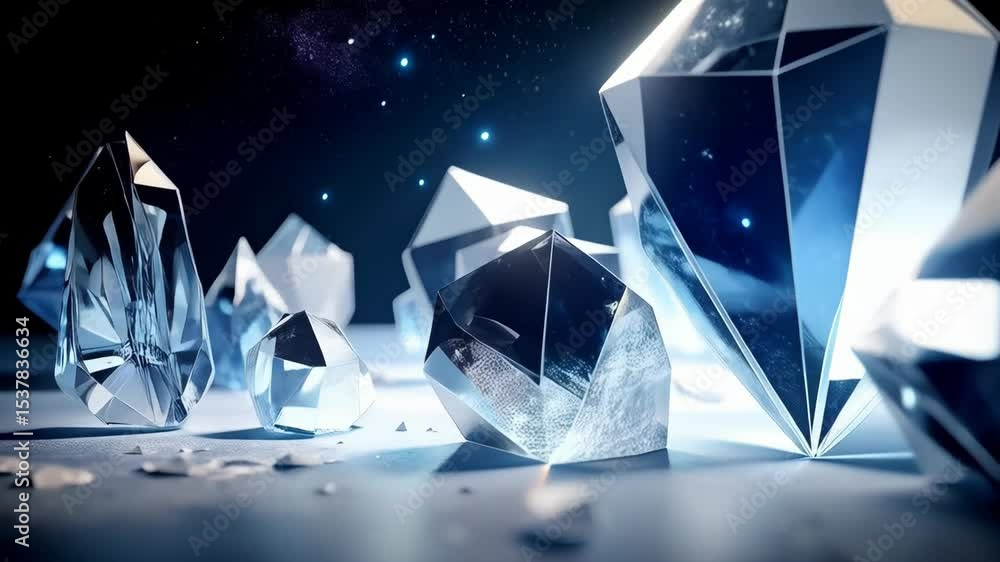 Poster abstract arrangement of clear crystal gemstone formations illuminated by faint celestial sparkles on