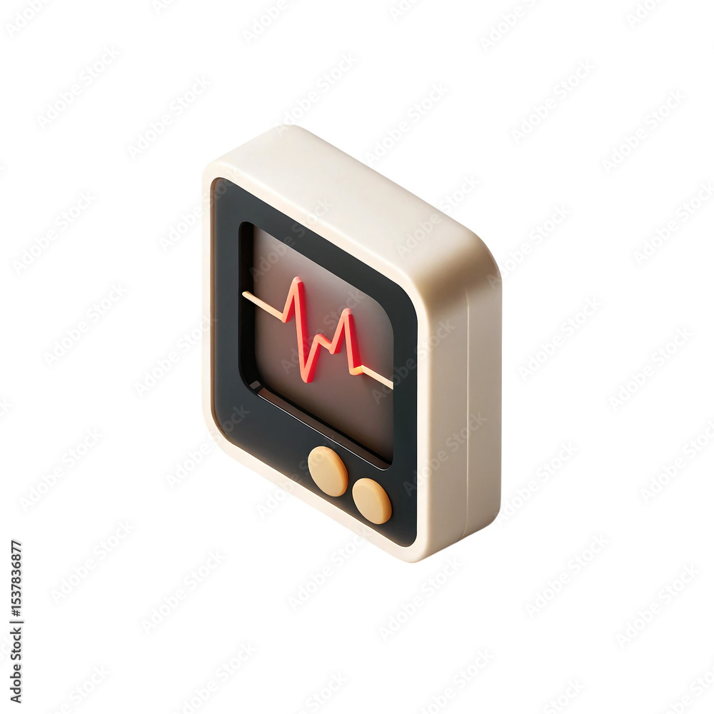 Poster isometric 3d model of a vintage heart rate monitor displaying a pulse wave, transparent background