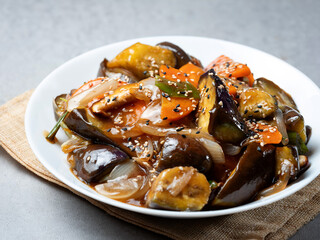 Stir-fried eggplant on a plate