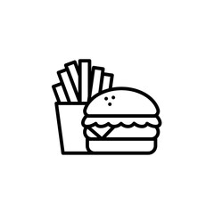 Fries and burger icon set on transparent background. Symbol of junk food