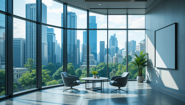 Modern office interior with blank framed poster on clean white wall and green chairs in waiting area with panoramic window view and soft lighting - Powered by Adobe