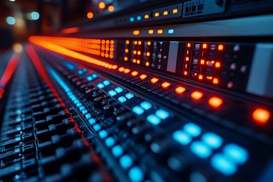 Close up of a professional audio mixing console with illuminated controls and buttons