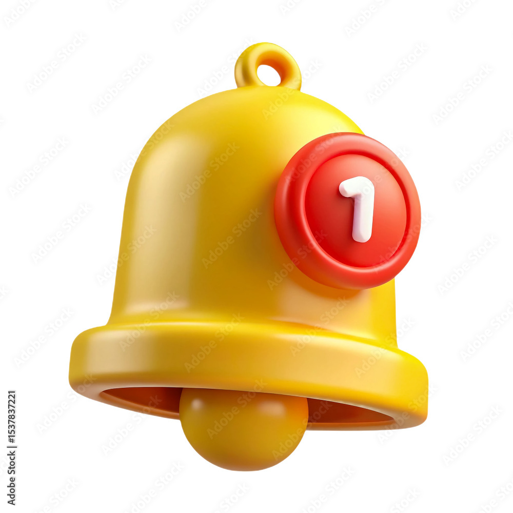 Poster yellow notification bell icon three dimensional rendering new message alert, transparent background