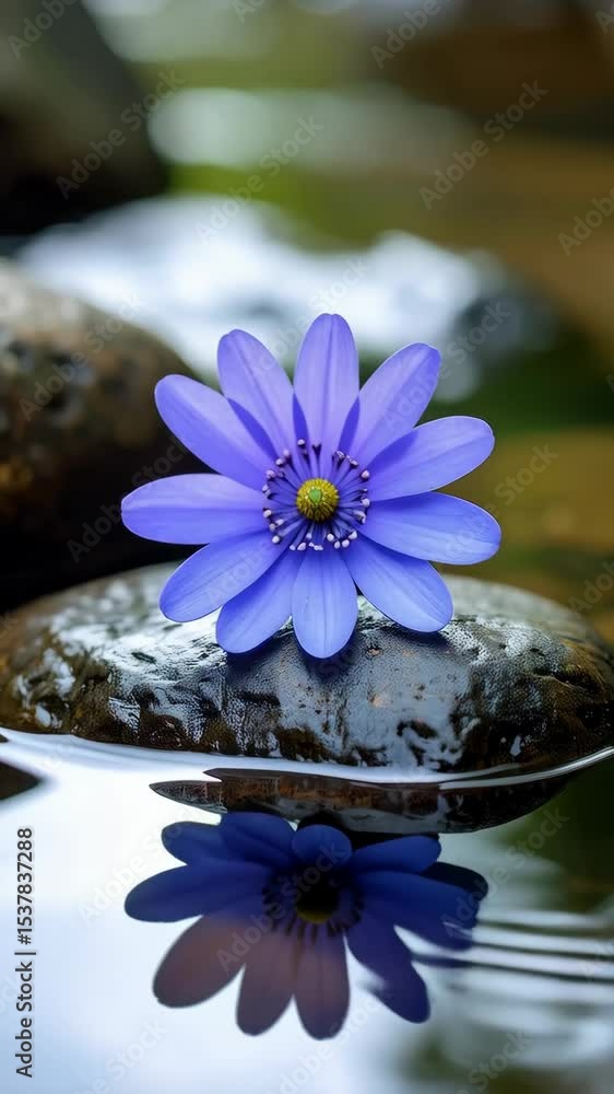 Poster Delicate purple flower resting on a smooth stone in shallow water with reflection, emphasizing nature and serene environment.