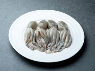 raw webfoot octopus on a plate