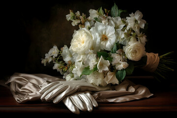 Elegant bouquet of white flowers and satin gloves.