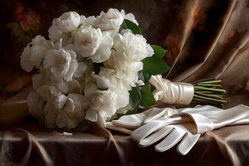 Elegant bouquet of white peonies and satin gloves.