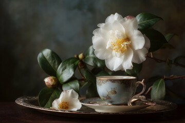 Delicate white camellia blossoms and a vintage teacup.