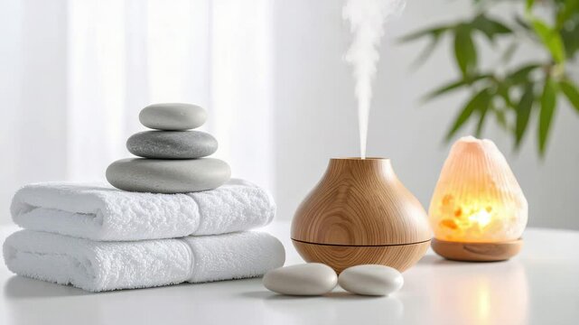 Minimalist spa setup with white towels, stacked stones, a wooden essential oil diffuser, and a glowing Himalayan salt lamp for relaxation.