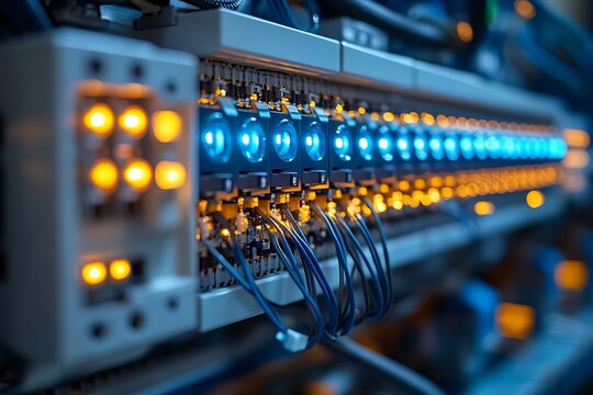 Illuminated server rack system with network cables and digital data processing elements