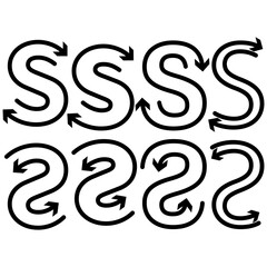 Letter S set. Hand drawn sketch. Vector curved shapes. Black contour collection.