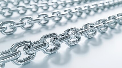 Fototapeta premium Silver metal chains linked in rows on white background