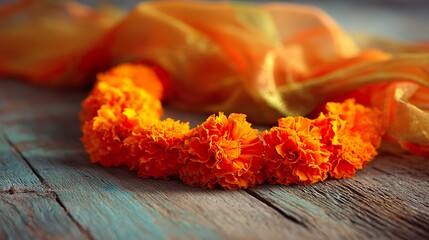 Vibrant Orange Marigold Garland on Rustic Wood, Saffron Silk Drapery with Golden Sunlight Highlights, Ethereal Shallow Depth of Field