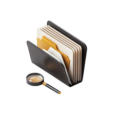 Sleek black file folder organizer with documents and magnifying glass for efficient research and data management, transparent background