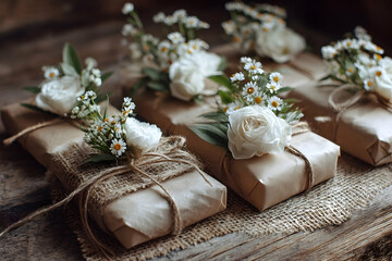 Elegant gifts wrapped in kraft paper and adorned with delicate white flowers.
