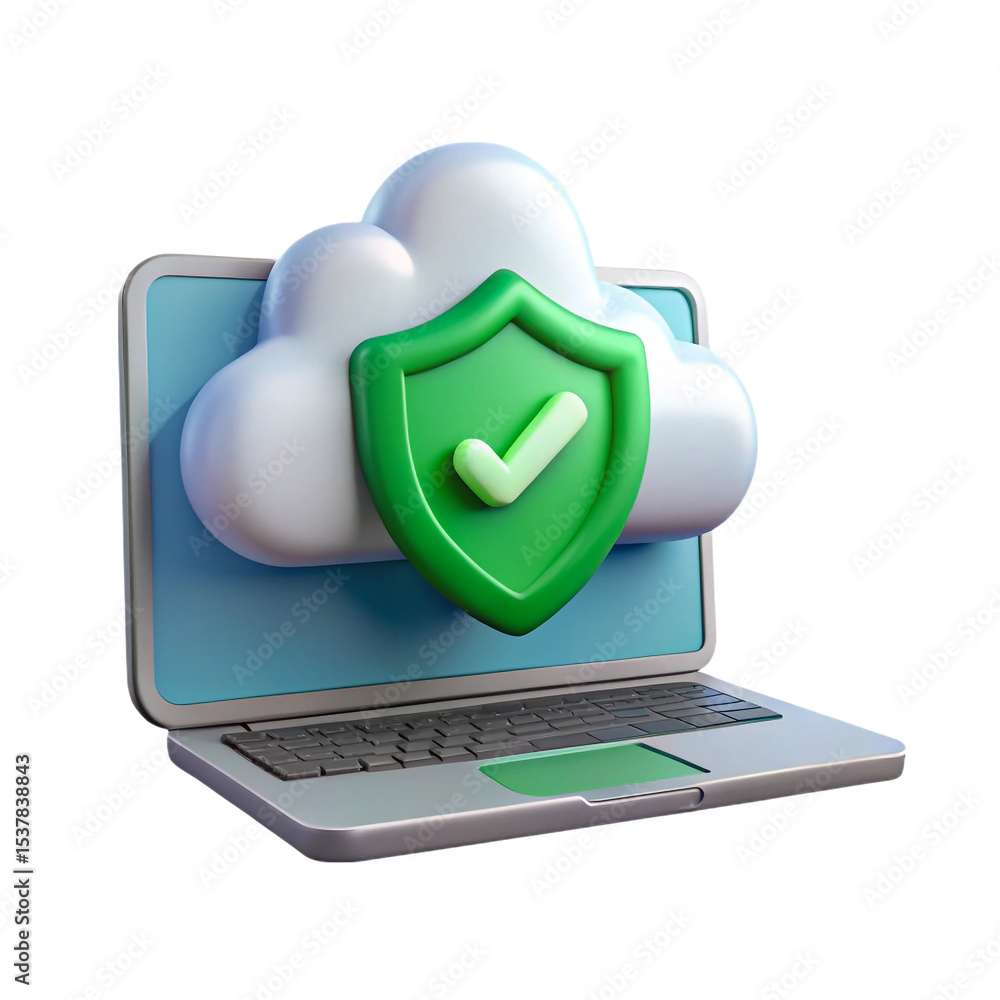 Poster secure cloud computing laptop data protection safe technology 3d render, transparent background