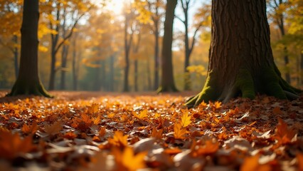 Fall Landscape with Backlit Orange Leaves on the Ground and Warm Morning Light
