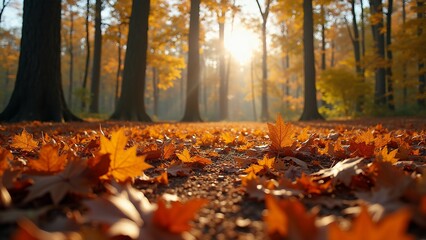 Fall Landscape with Backlit Orange Leaves on the Ground and Warm Morning Light