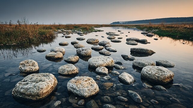 Smooth stones in a shallow stream. - Powered by Adobe