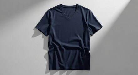 Stylish Navy V-Neck T-Shirt Laid on a Soft Gray Background with Subtle Shadows
