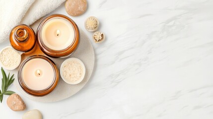 A calming spa setup with lit candles, aromatic oils, natural stones, and greenery on a marble...