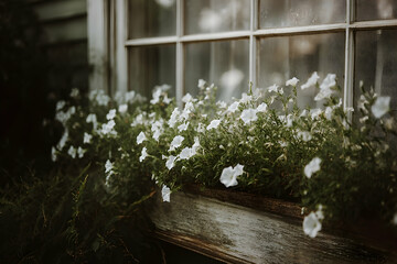 White flowers in a window box.