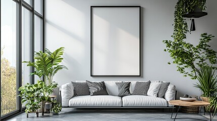 Mockup of Poster Frame in Minimalist, Modern Living Room Interior for Home Decor Ideas