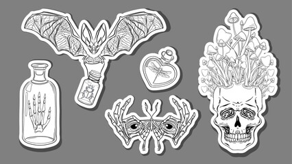 Mystical sticker set with vector illustrations of skulls, cat, insects, celestial bodies, and magic elements. Perfect for tattoo design, witchy decor, packaging, and alternative aesthetics.
