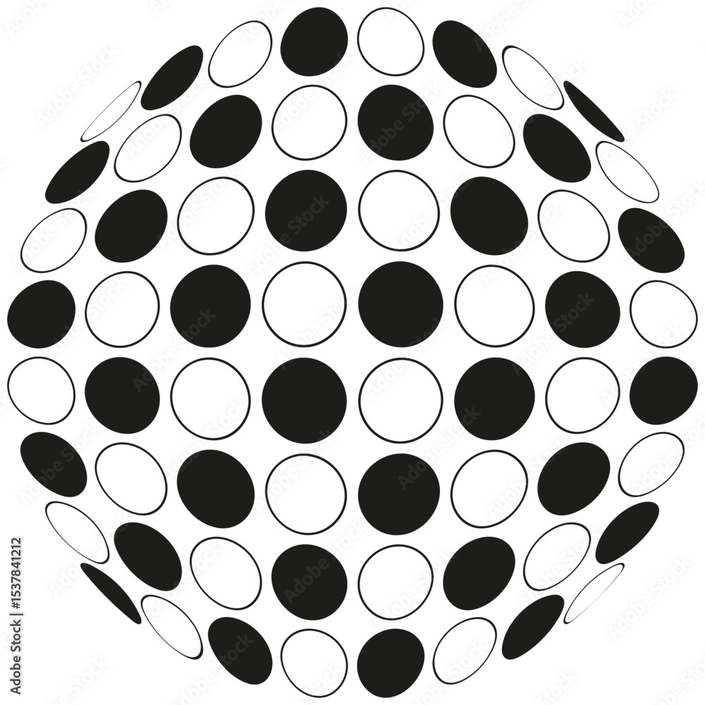 Poster circular dot pattern. radial sphere arrangement. vector geometric design. monochrome circle composit