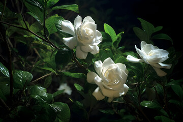 Close-up of three luminous white gardenia flowers.
