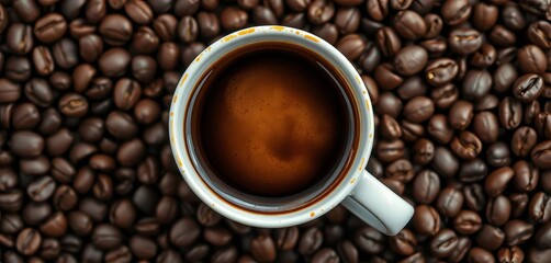 Fototapeta premium Overhead view of a realistic coffee cup filled with espresso, surrounded by roasted coffee beans, roasted, mockup