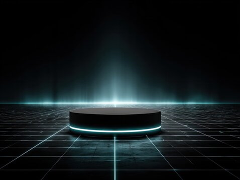 Futuristic stage setup virtual realm digital art cyber environment wide angle technological innovation