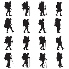 Obraz premium backpacking silhouette set, Black & White silhouette set 