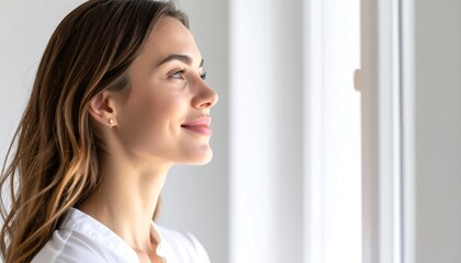 A beautiful young woman with a calm, hopeful smile looks thoughtfully out a window, her profile softly lit by natural light.