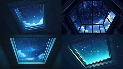 Four rooftop skylights at night, showing starry skies and clouds