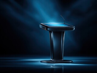 Public speaking podium preparation conference hall image dim lighting close-up view effective communication concept