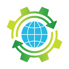 Vector illustration of a globe encircled by green arrows forming a gear, symbolizing the circular economy, sustainable industry, and eco innovation. Perfect for global recycling and green solutions.