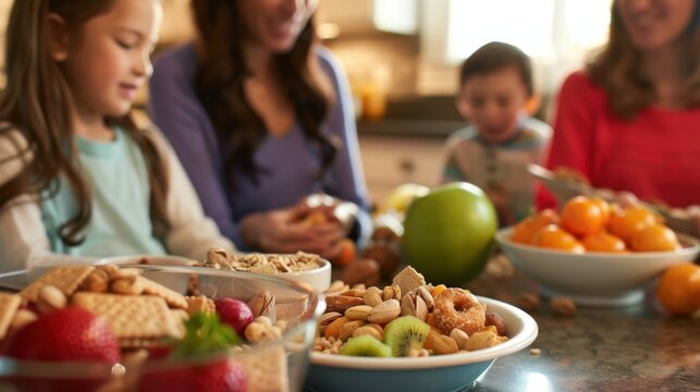 A family enjoying a healthy snack break at home. featuring fresh fruits, nuts, and whole grain crackers