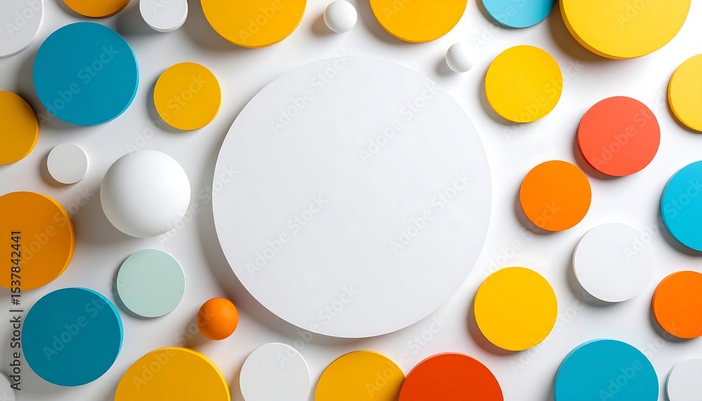 Poster a playful abstract background with colorful 3d circles and spheres surrounding a large central white