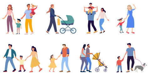 walking family happy family walk background collection of mother father children spending time together people bundle walking outdoor illustration clipart