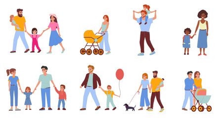 walking family happy family walk background collection of mother father children spending time together people bundle walking outdoor illustration clipart