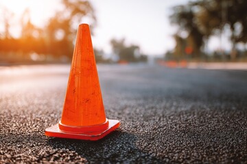 Obraz na płótnie Canvas Orange traffic cone on asphalt road during sunny day with blurred background