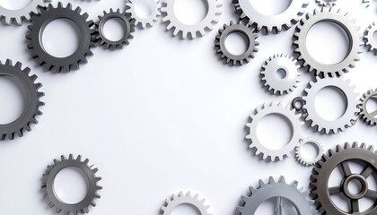 A top-down view of various metal and white gears forming a frame on a white background, symbolizing industry and teamwork.