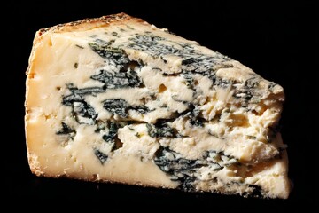Close-up of blue stilton cheese with rich mold veining on black background