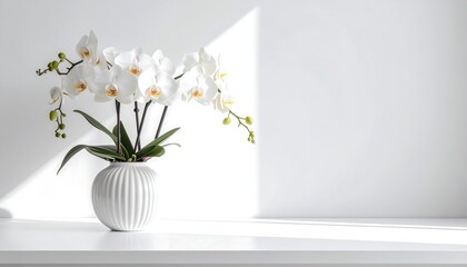 An elegant white orchid in a vase on a shelf, bathed in sunlight against a white wall.