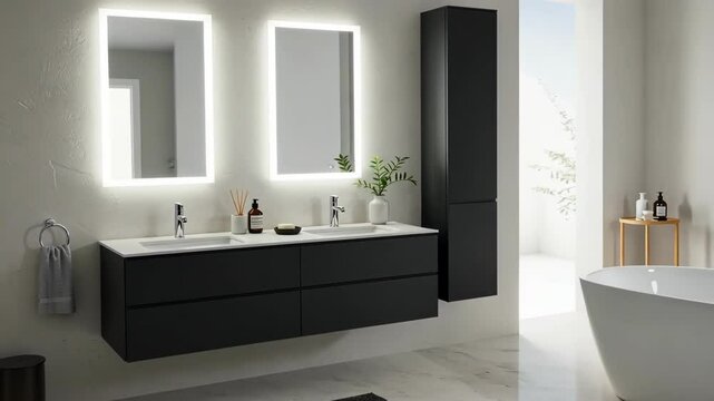 Modern bathroom interior design with a black vanity