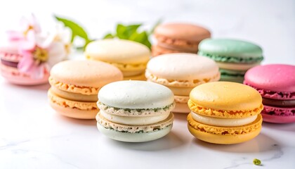 Colorful French macarons on white marble surface, with flowers. Variety of flavors and colors.