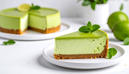 Delicious green cheesecake slice with caramel and biscuit crust, garnished with mint, on white plate.