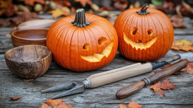 Two carved pumpkins & tools on wood with autumn leaves